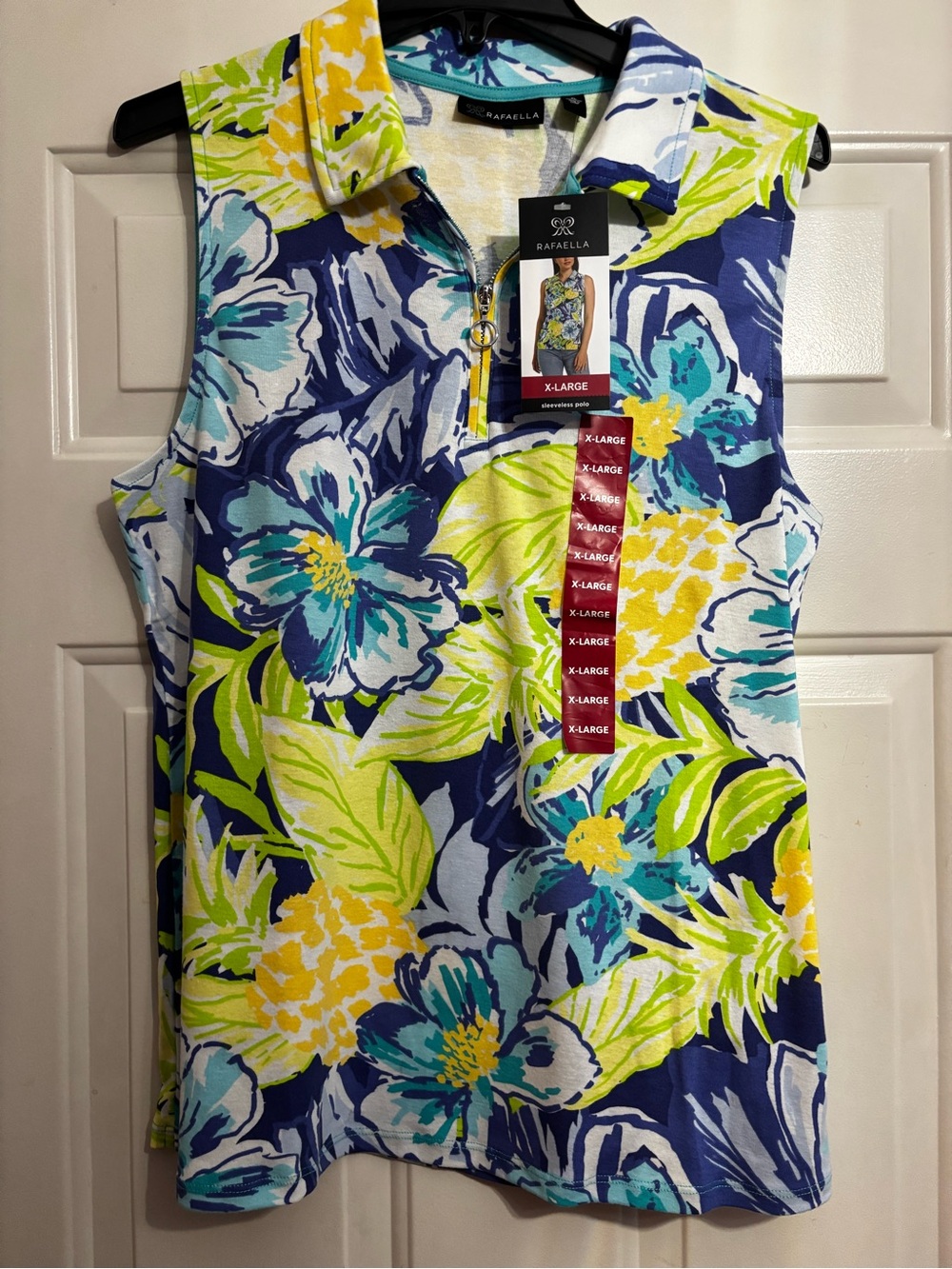 Rafaella Navy Floral Sleeveless Polo Tank with Yellow & Lime Accents